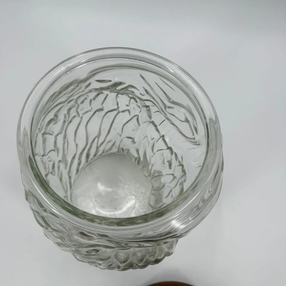 Vintage 70s Whimsical Glass Owl Kitchen Canister Storage Cookie Jar Teakwood Lid